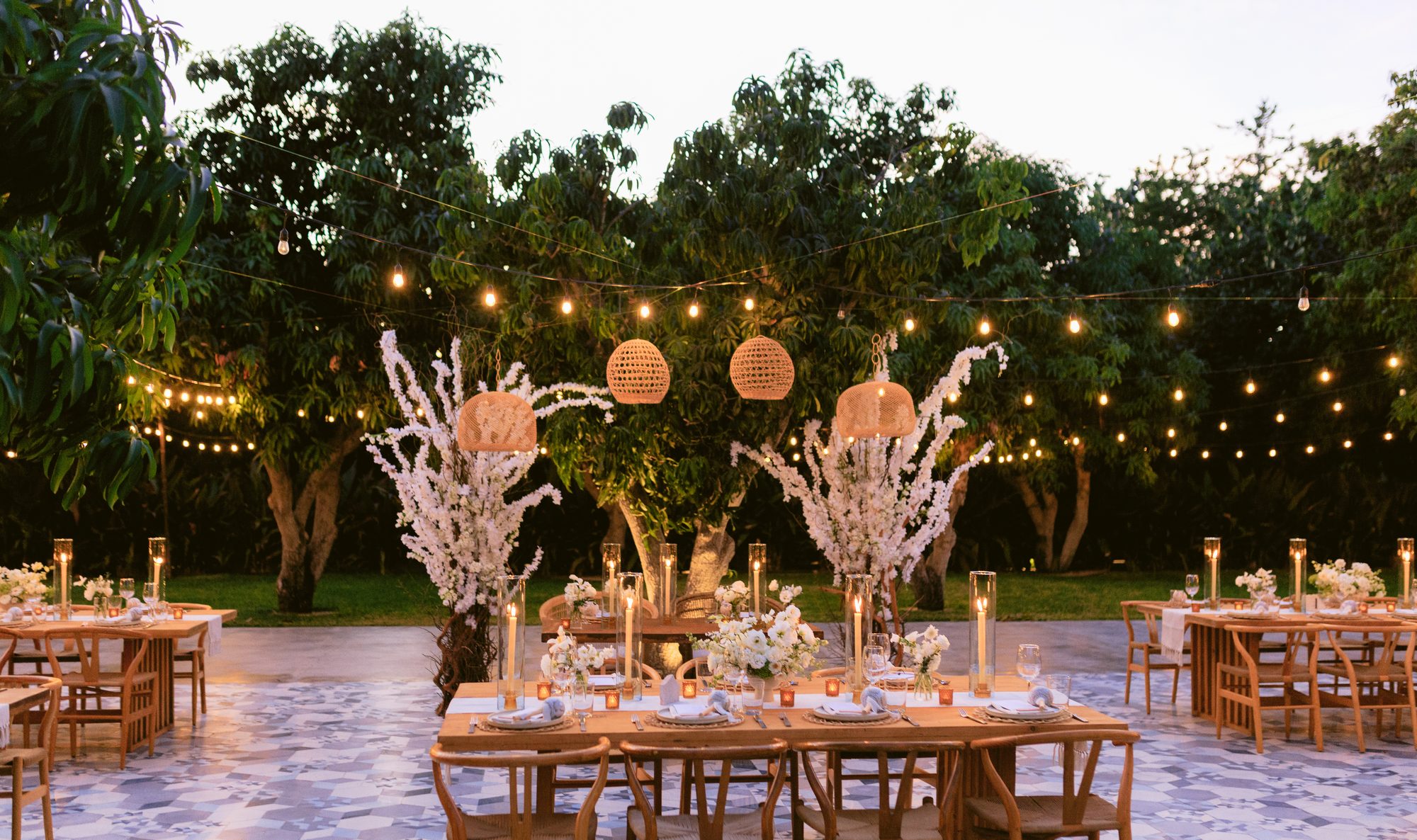 Garden reception with pampas installations and string lights at Acre