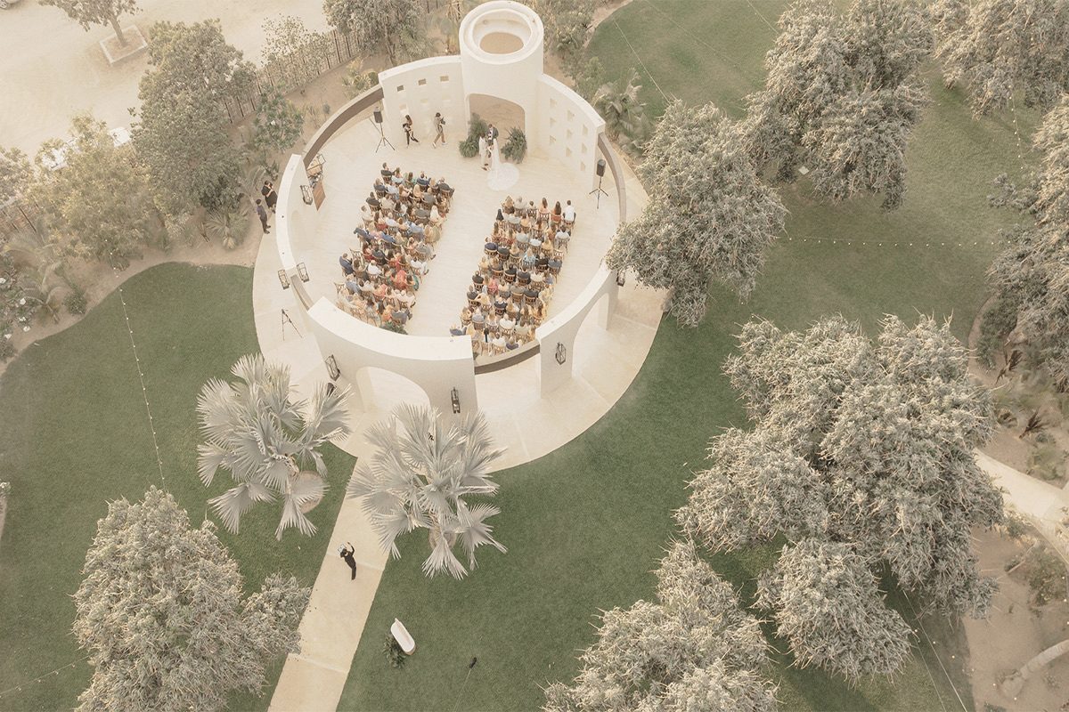 Aerial view of a circular garden ceremony venue